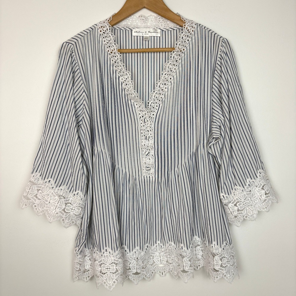Chelsea & Theodore Womens 3/4 Sleeve Striped Lace Trim Top 1X Blue Nautical Boho